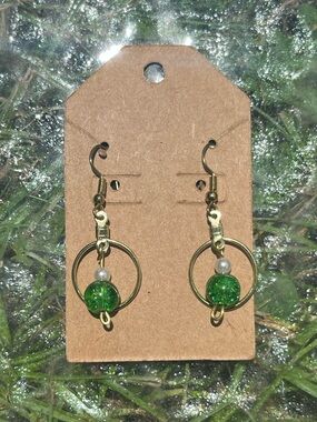 Green Glass Bead Hoop Drop Earrings